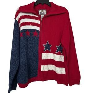 Vintage Tiara International Patriotic Stars Stripes Zip Cardigan L Americana